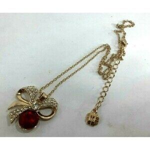 Monet Red Rhinestone Bow Pendant Necklace 16 inch chain